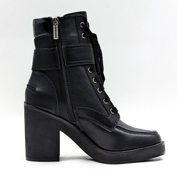 DKNY Women Dottie Black Leather Buckle Pearl Heel Combat boots size 7.5 - Picture 9 of 12